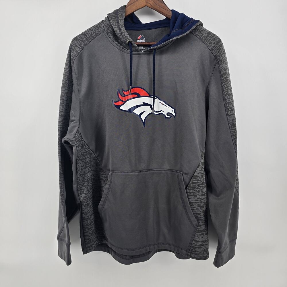Majestic Therma Base NFL Denver Broncos Men Gray Pullover Long Sleeve‎ Hoodie L